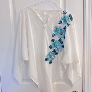 Poncho top. Gorgeous Georgette white with blue sequins. NWOT